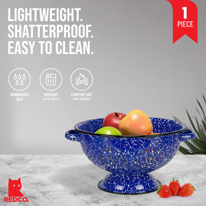 Red Co. Enamelware Metal Classic 10.5 Inch Round Food Strainer Colander with Two Handles, Navy Blue Marble/Black Rim – Splatter Design
