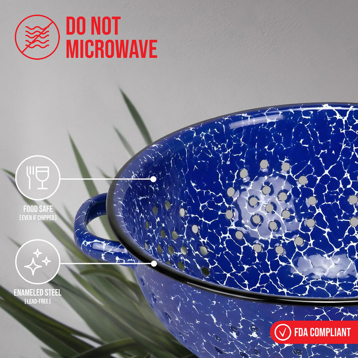 Red Co. Enamelware Metal Classic 10.5 Inch Round Food Strainer Colander with Two Handles, Navy Blue Marble/Black Rim – Splatter Design
