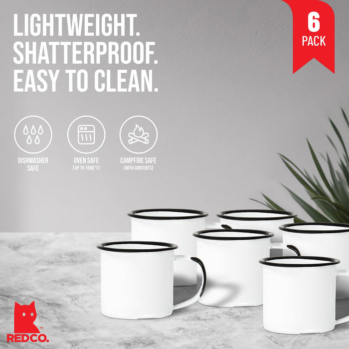 Red Co. Set of 6 Enamelware Metal Small Classic 5 Oz Round Coffee and Tea Mug with Handle, Distressed White/Black Rim