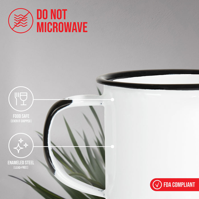 Red Co. Set of 6 Enamelware Metal Small Classic 5 Oz Round Coffee and Tea Mug with Handle, Distressed White/Black Rim