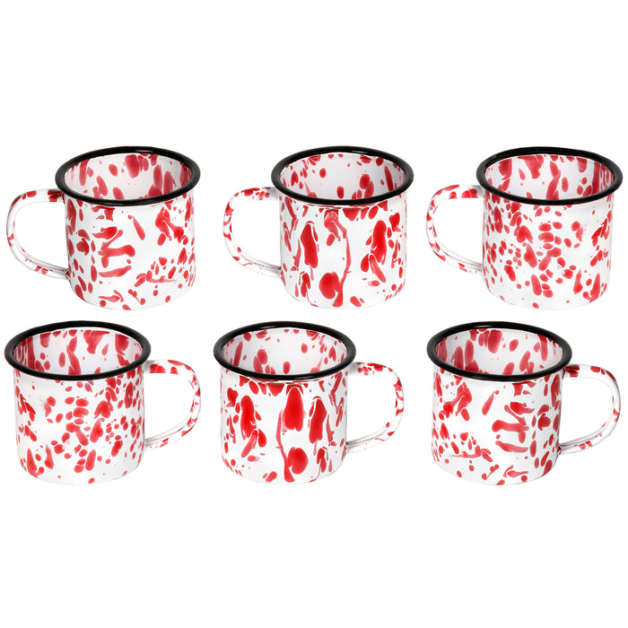 Red Co. Set of 6 Enamelware Metal Small Classic 5 Oz Round Coffee and Tea Mug with Handle,  Marble/Black Rim – Splatter Design