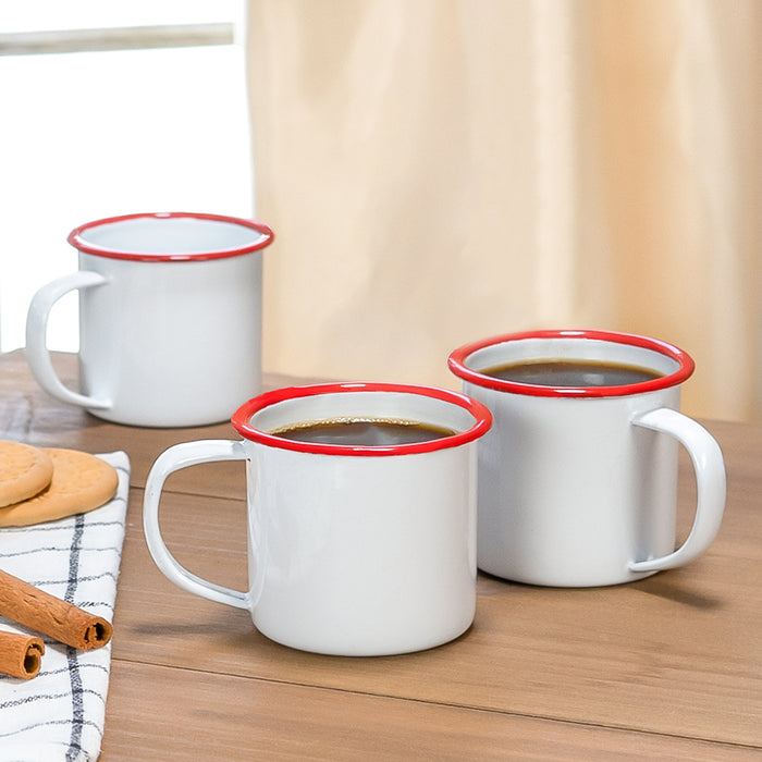 Red Co. Set of 6 Enamelware Metal Small Classic 5 Oz Round Coffee and Tea Mug with Handle, Solid White/Colored Rim