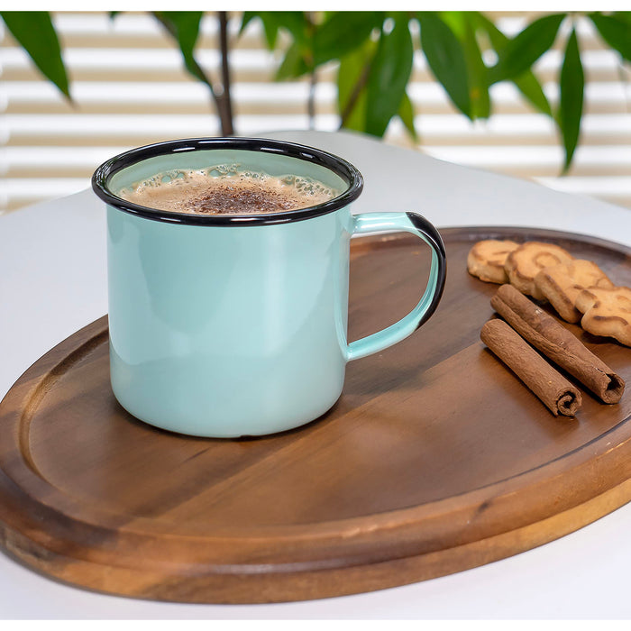 Red Co. Set of 6 Enamelware Metal Medium Classic 12 Oz Round Coffee and Tea Mug with Handle, Distressed/Black Rim