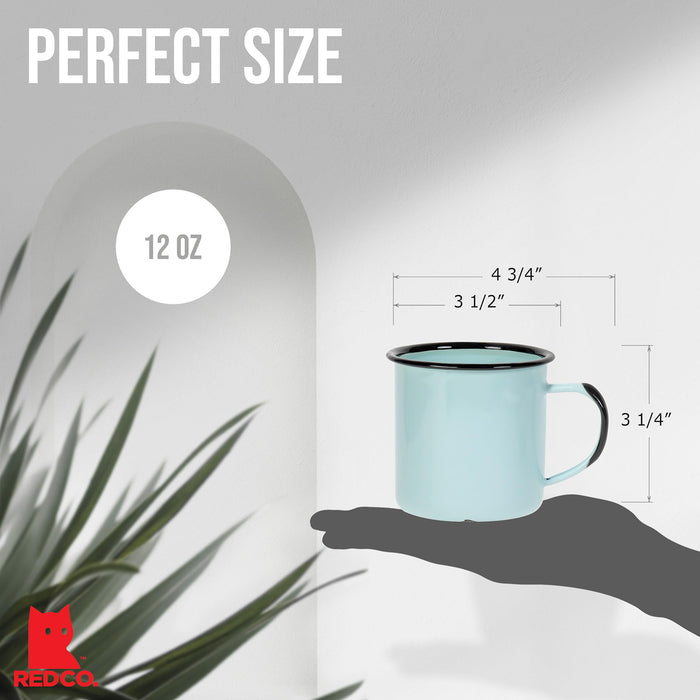 Red Co. Set of 6 Enamelware Metal Medium Classic 12 Oz Round Coffee and Tea Mug with Handle, Distressed/Black Rim