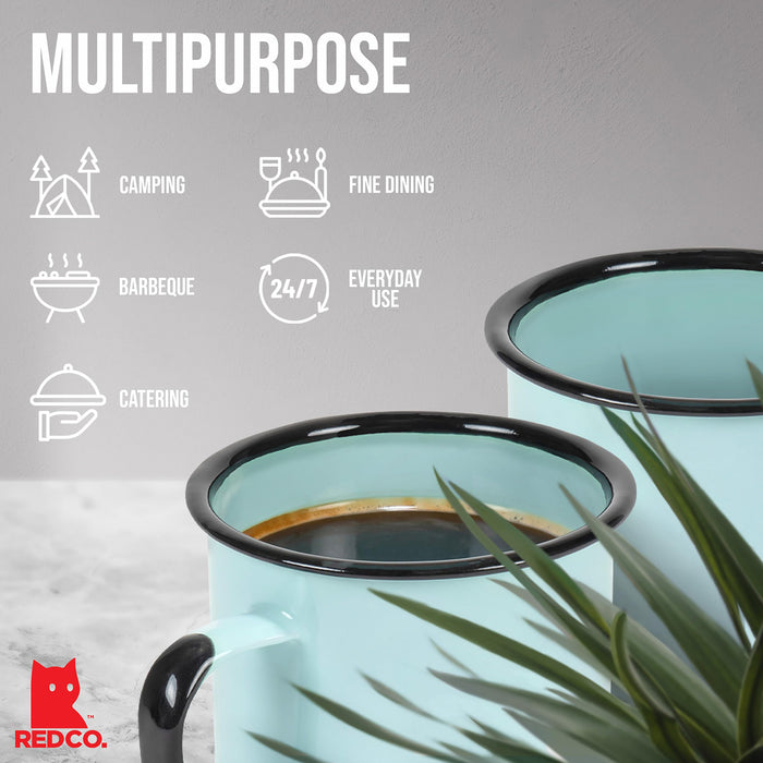 Red Co. Set of 6 Enamelware Metal Medium Classic 12 Oz Round Coffee and Tea Mug with Handle, Distressed/Black Rim