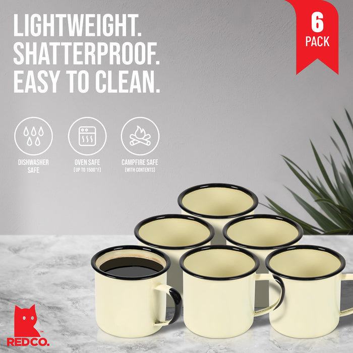 Red Co. Set of 6 Enamelware Metal Medium Classic 12 Oz Round Coffee and Tea Mug with Handle, Distressed/Black Rim