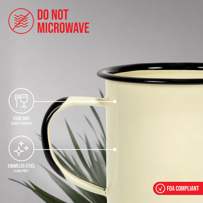 Red Co. Set of 6 Enamelware Metal Medium Classic 12 Oz Round Coffee and Tea Mug with Handle, Distressed/Black Rim