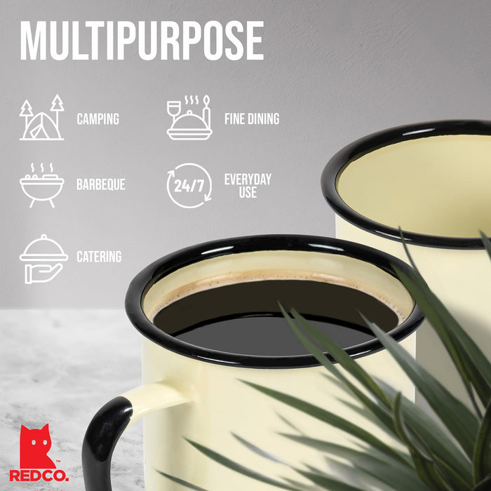 Red Co. Set of 6 Enamelware Metal Medium Classic 12 Oz Round Coffee and Tea Mug with Handle, Distressed/Black Rim