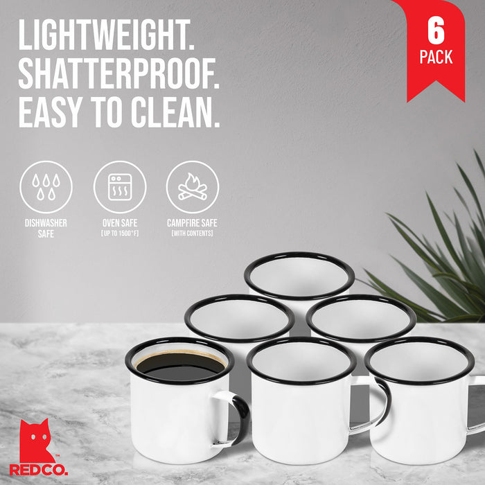 Red Co. Set of 6 Enamelware Metal Medium Classic 12 Oz Round Coffee and Tea Mug with Handle, Distressed/Black Rim