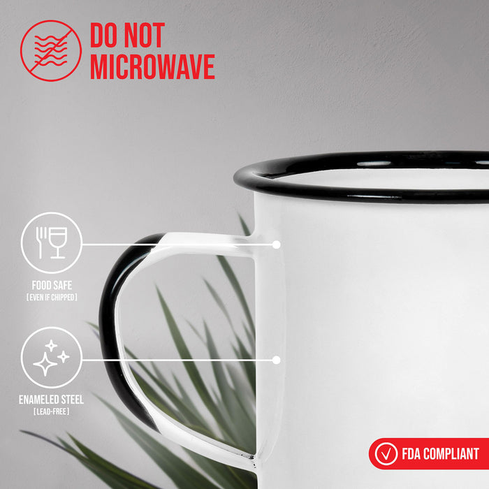 Red Co. Set of 6 Enamelware Metal Medium Classic 12 Oz Round Coffee and Tea Mug with Handle, Distressed/Black Rim