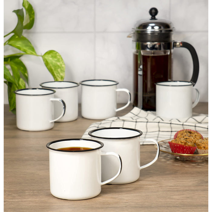 Red Co. Set of 6 Enamelware Metal Medium Classic 12 Oz Round Coffee and Tea Mug with Handle, Distressed/Black Rim