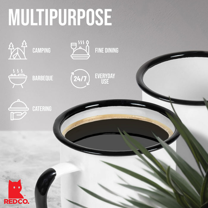 Red Co. Set of 6 Enamelware Metal Medium Classic 12 Oz Round Coffee and Tea Mug with Handle, Distressed/Black Rim