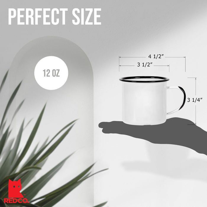 Red Co. Set of 6 Enamelware Metal Medium Classic 12 Oz Round Coffee and Tea Mug with Handle, Distressed/Black Rim