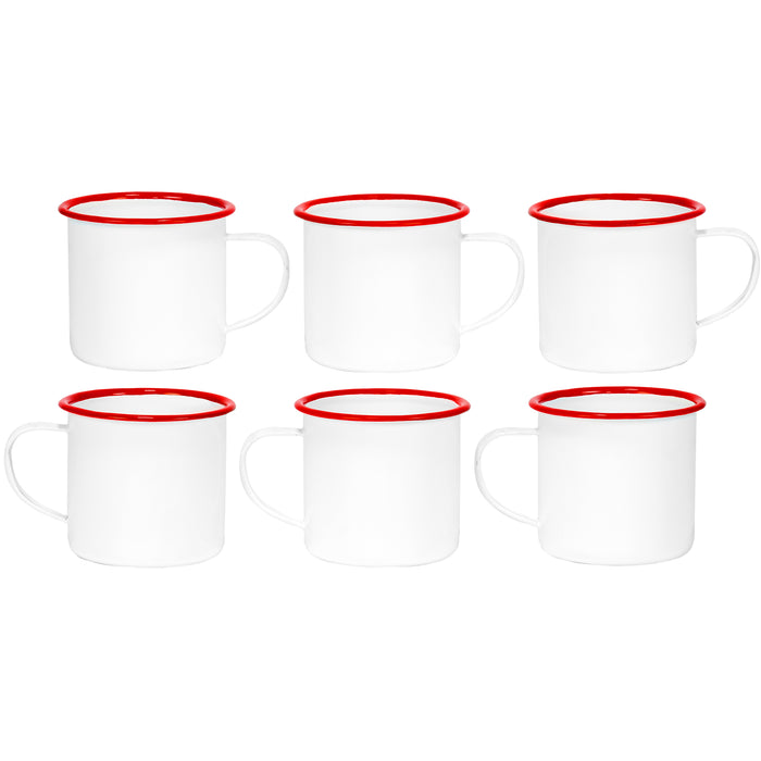 Red Co. Set of 6 Enamelware Metal Medium Classic 12 Oz Round Coffee and Tea Mug with Handle, Solid White/Colored Rim