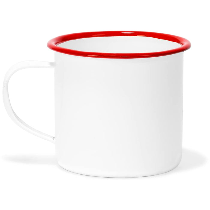 Red Co. Set of 6 Enamelware Metal Medium Classic 12 Oz Round Coffee and Tea Mug with Handle, Solid White/Color Rim