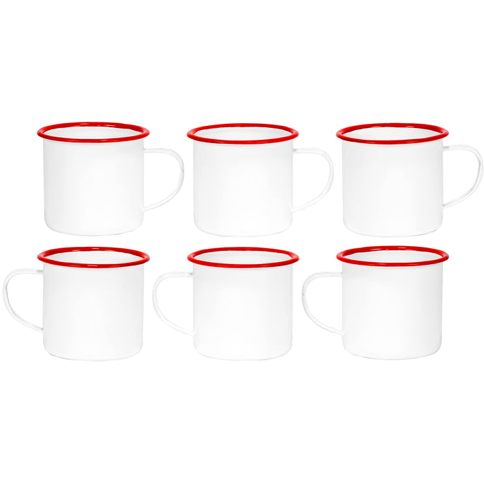 Red Co. Set of 6 Enamelware Metal Medium Classic 12 Oz Round Coffee and Tea Mug with Handle, Solid White/Color Rim