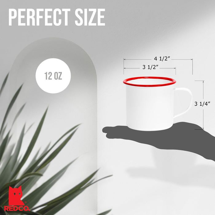 Red Co. Set of 6 Enamelware Metal Medium Classic 12 Oz Round Coffee and Tea Mug with Handle, Solid White/Color Rim