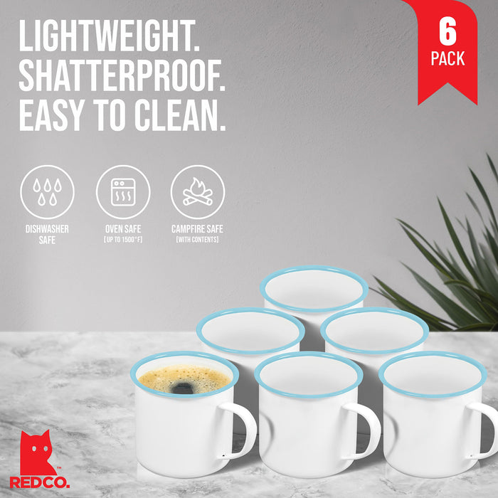Red Co. Set of 6 Enamelware Metal Medium Classic 12 Oz Round Coffee and Tea Mug with Handle, Solid White/Color Rim
