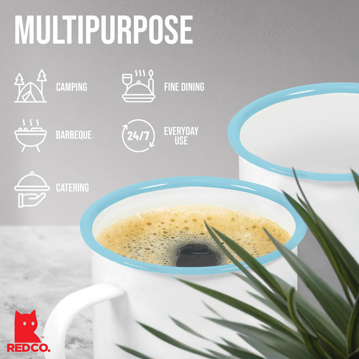 Red Co. Set of 6 Enamelware Metal Medium Classic 12 Oz Round Coffee and Tea Mug with Handle, Solid White/Color Rim