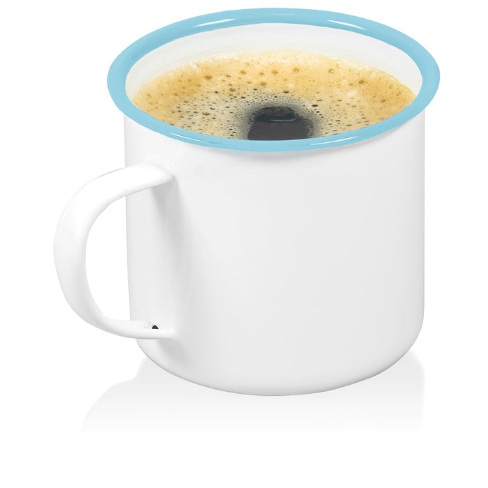 Red Co. Set of 6 Enamelware Metal Medium Classic 12 Oz Round Coffee and Tea Mug with Handle, Solid White/Color Rim