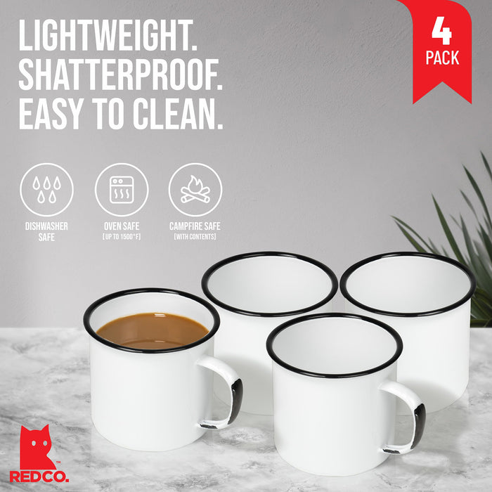 Red Co. Enamelware Metal Large Classic 22 Oz Round Coffee and Tea Mug with Handle, Distressed White/Black Rim