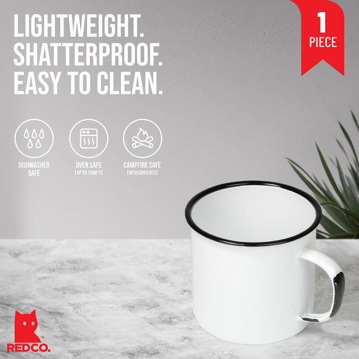 Red Co. Enamelware Metal Large Classic 22 Oz Round Coffee and Tea Mug with Handle, Distressed White/Black Rim