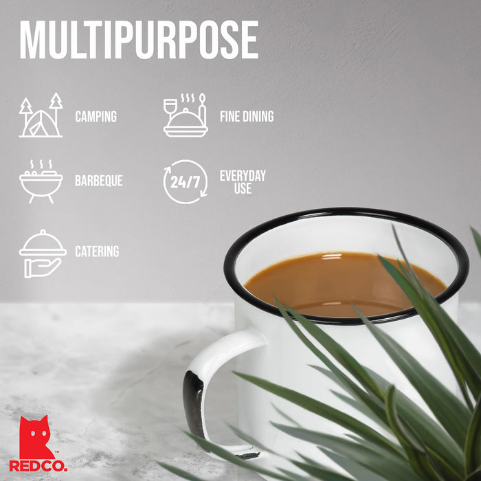 Red Co. Enamelware Metal Large Classic 22 Oz Round Coffee and Tea Mug with Handle, Distressed White/Black Rim