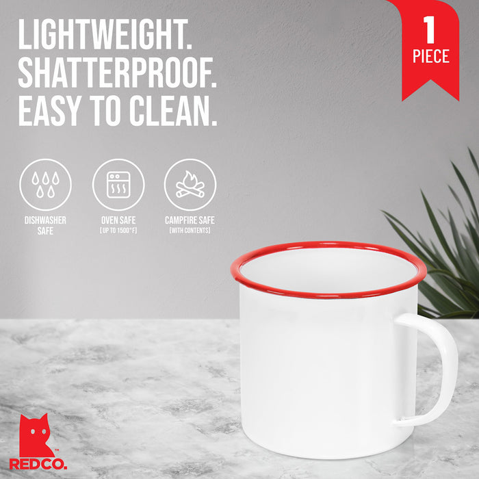 Red Co. Enamelware Metal Large Classic 22 Oz Round Coffee and Tea Mug with Handle, Solid White/Red Rim
