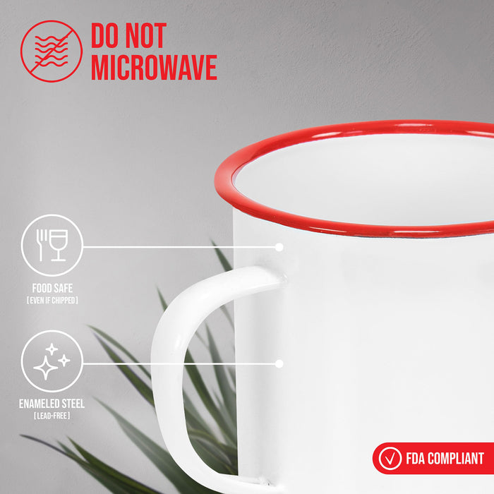 Red Co. Enamelware Metal Large Classic 22 Oz Round Coffee and Tea Mug with Handle, Solid White/Red Rim