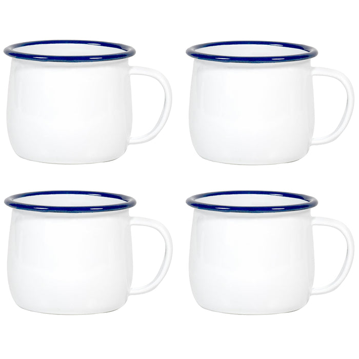 Red Co. Set of 4 Enamelware Metal 12 Oz Round Camping Mugs, Solid White/Color Rim