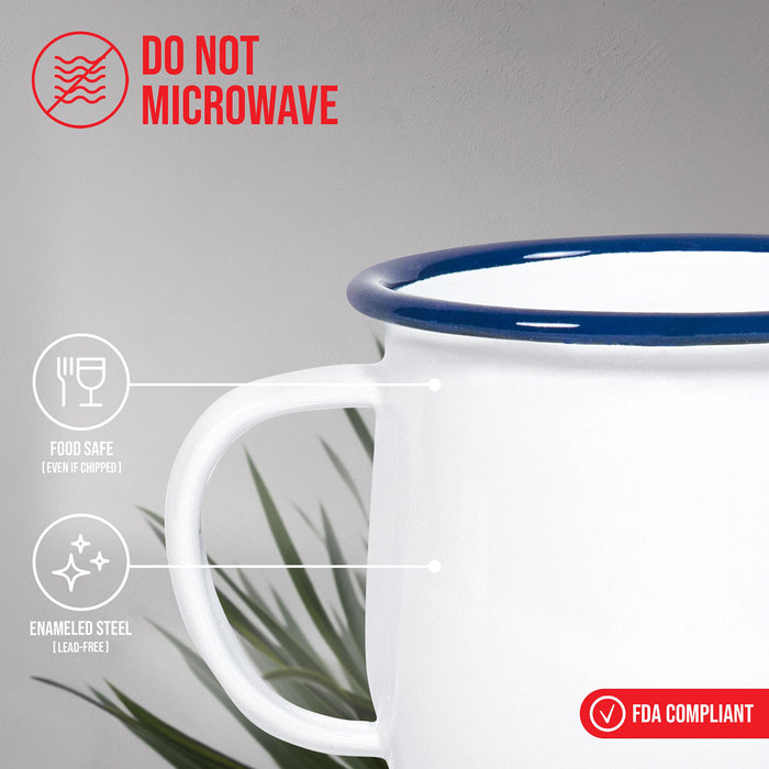 Red Co. Set of 4 Enamelware Metal 12 Oz Round Camping Mugs, Solid White/Color Rim