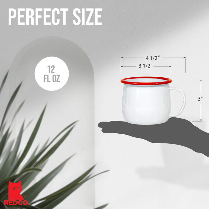 Red Co. Set of 4 Enamelware Metal 12 Oz Round Camping Mugs, Solid White/Color Rim