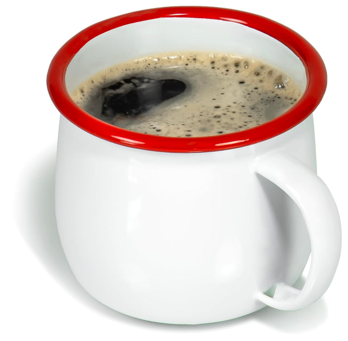 Red Co. Set of 4 Enamelware Metal 12 Oz Round Camping Mugs, Solid White/Color Rim