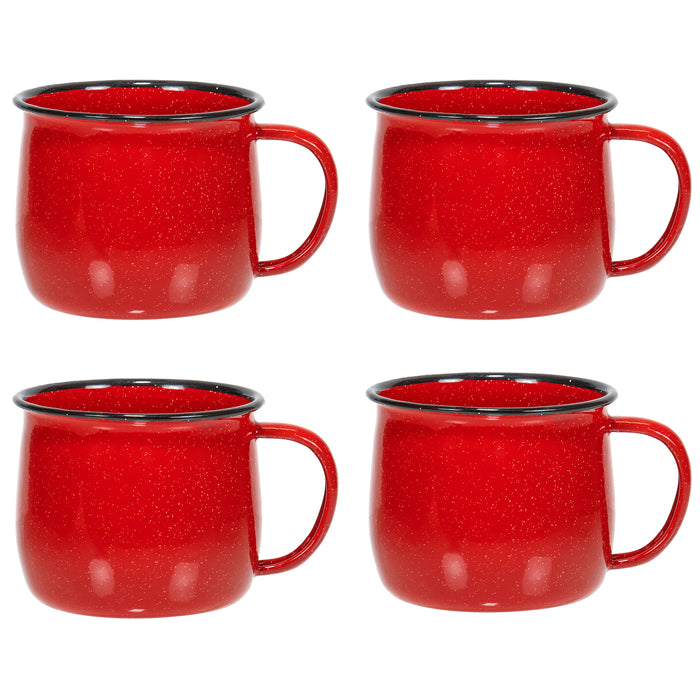 Red Co. Set of 4 Enamelware Metal 13.5 Oz Round Camping Coffee Mugs with Handle, White-Speckled/Black Rim