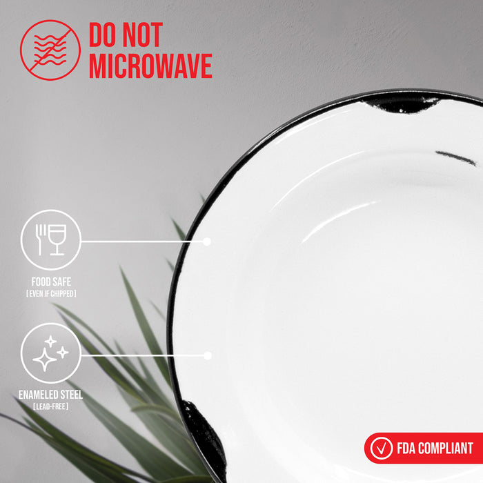 Red Co. Enamelware Classic 8 inch Round Flat Salad Plate, Distressed White/Black Rim - Set of 4