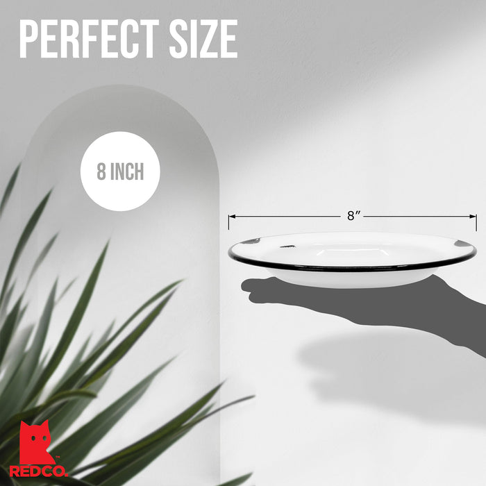 Red Co. Enamelware Classic 8 inch Round Flat Salad Plate, Distressed White/Black Rim - Set of 4