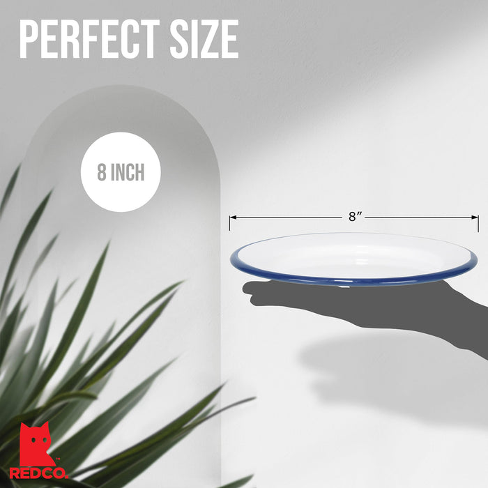 Red Co. Set of 4 Enamelware Metal Classic 8" Round Salad Plate, Solid White/Color Rim