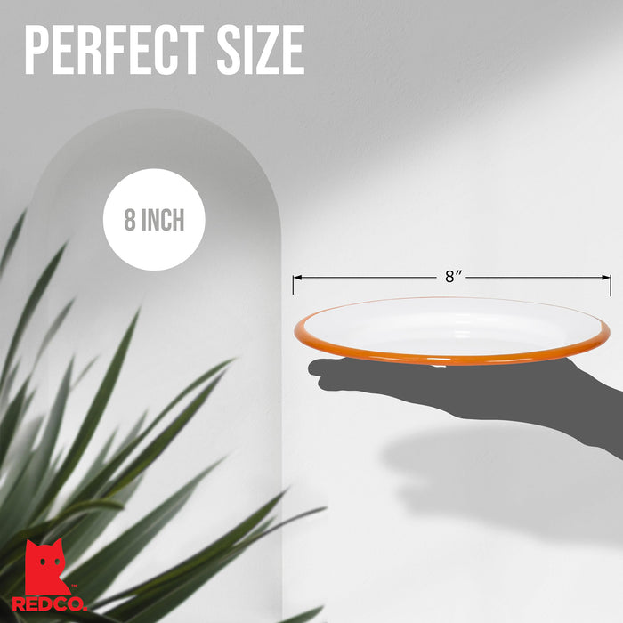 Red Co. Set of 4 Enamelware Metal Classic 8" Round Salad Plate, Solid White/Color Rim