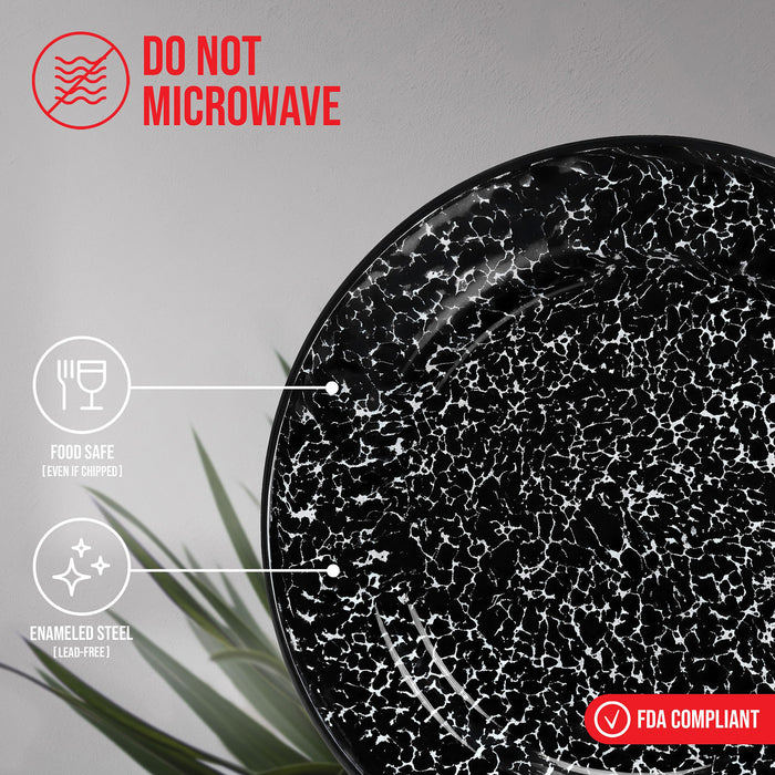 Red Co. Set of 4 Enamelware Metal Classic 8" Round Salad Plate, Black Marble/Black Rim - Splatter Design