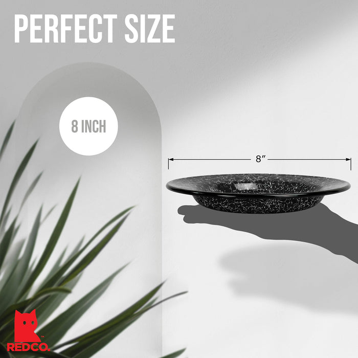 Red Co. Set of 4 Enamelware Metal Classic 8" Round Salad Plate, Black Marble/Black Rim - Splatter Design
