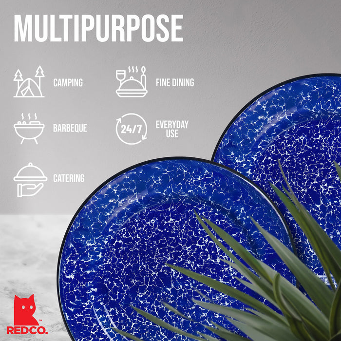 Red Co. Set of 4 Enamelware Metal Classic 8" Round Salad Plate, Navy Blue Marble/Black Rim - Splatter Design