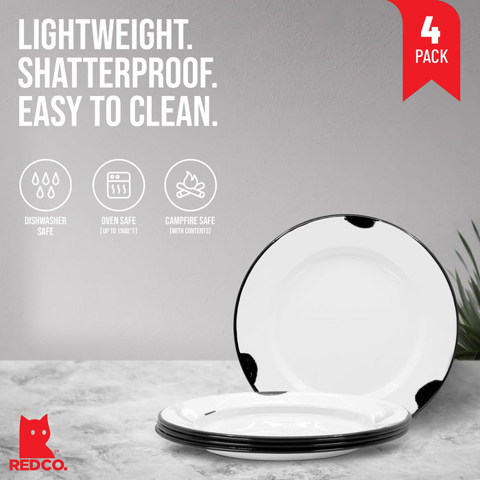 Red Co. Enamelware Classic 10 inch Round Dinner Plate, Distressed White/Black Rim - Set of 4