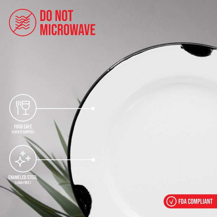 Red Co. Enamelware Classic 10 inch Round Dinner Plate, Distressed White/Black Rim - Set of 4