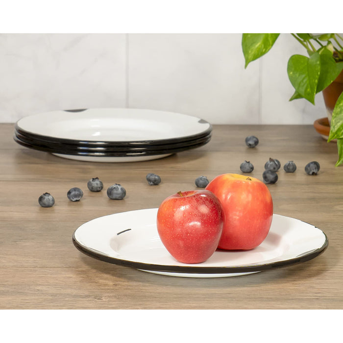 Red Co. Enamelware Classic 10 inch Round Dinner Plate, Distressed White/Black Rim - Set of 4