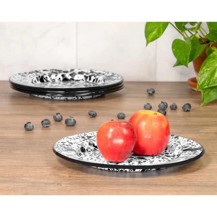 Red Co. Set of 4 Enamelware Metal Classic 10" Round Dinner Plate, Marble/Black Rim - Splatter Design