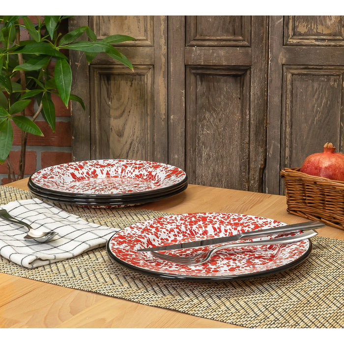 Red Co. Set of 4 Enamelware Metal Classic 10" Round Dinner Plate, Marble/Black Rim - Splatter Design