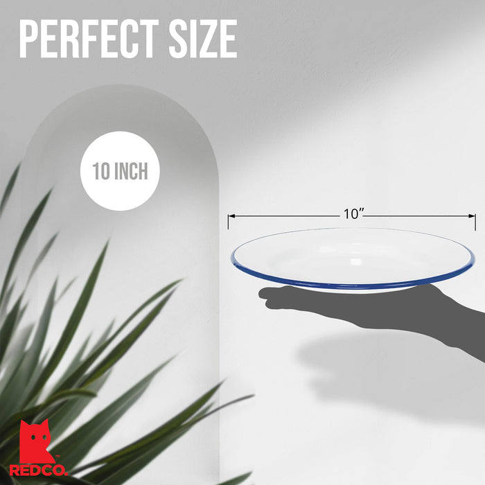 Red Co. Set of 4 Enamelware Metal Classic 10" Round Dinner Plate, Solid White/Color Rim