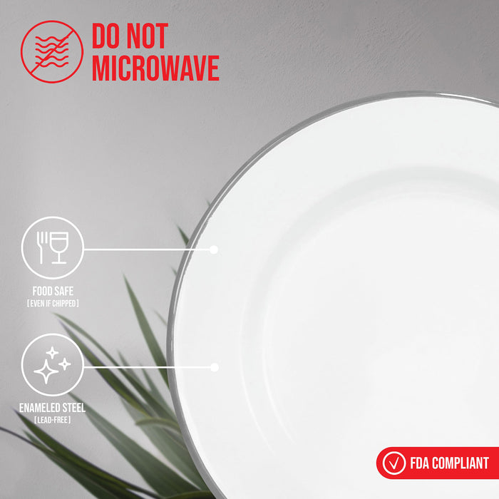 Red Co. Set of 4 Enamelware Metal Classic 10" Round Dinner Plate, Solid White/Color Rim