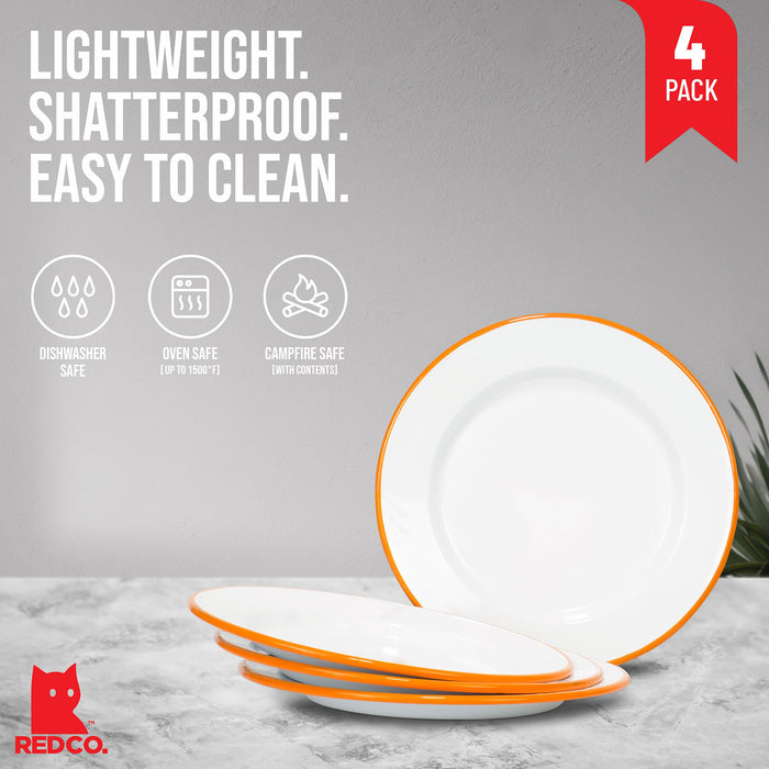 Red Co. Set of 4 Enamelware Metal Classic 10" Round Dinner Plate, Solid White/Color Rim