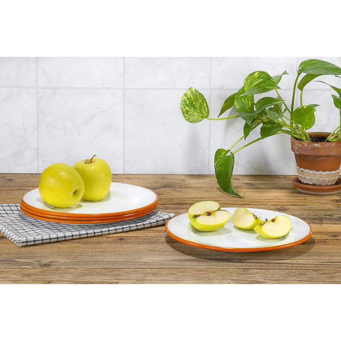 Red Co. Set of 4 Enamelware Metal Classic 10" Round Dinner Plate, Solid White/Color Rim